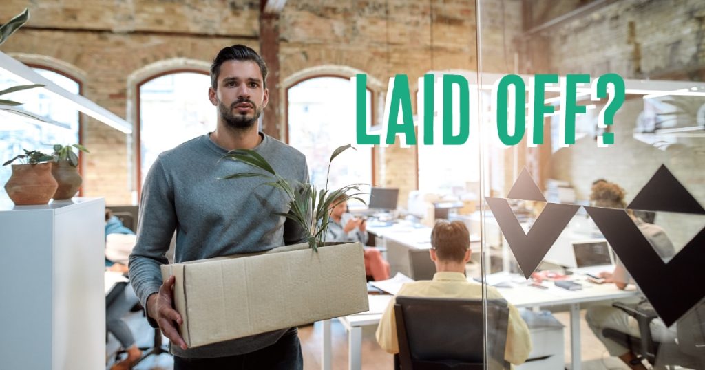 Man leaving an office holding a box with a plant, with the text "LAID OFF?" prominently displayed, illustrating the emotional impact of job loss and the need for health insurance options during unemployment.
