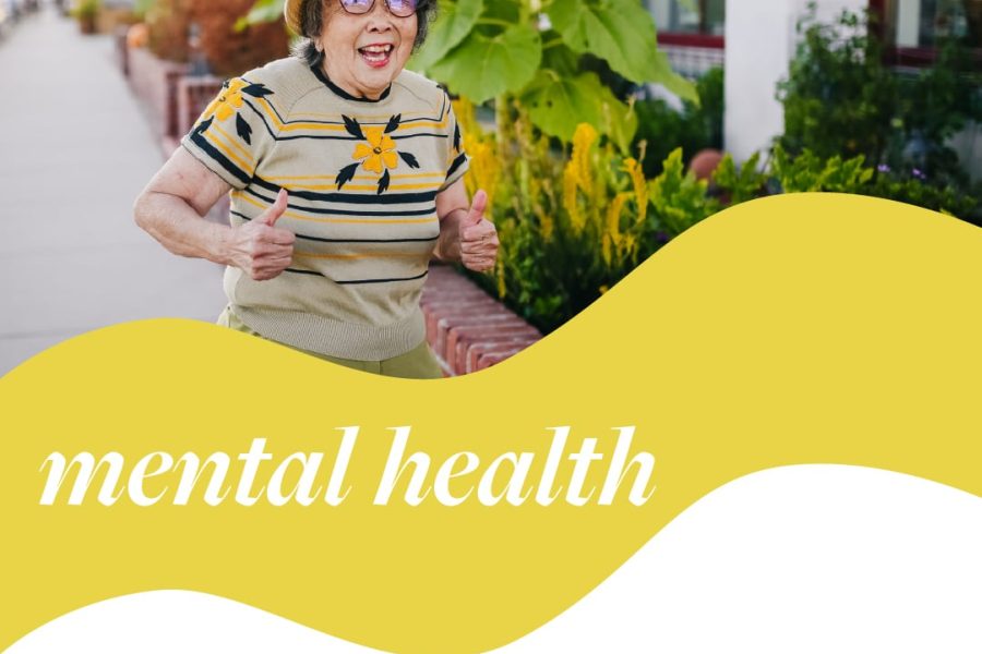 Older woman smiling and giving thumbs up, promoting mental health awareness, with greenery in the background and "mental health" text overlay.