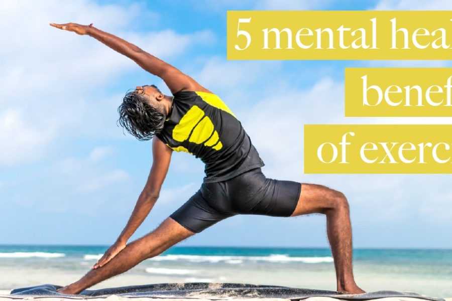 Person practicing yoga on the beach, emphasizing the mental health benefits of exercise, with text overlay highlighting "5 mental health benefits of exercise."
