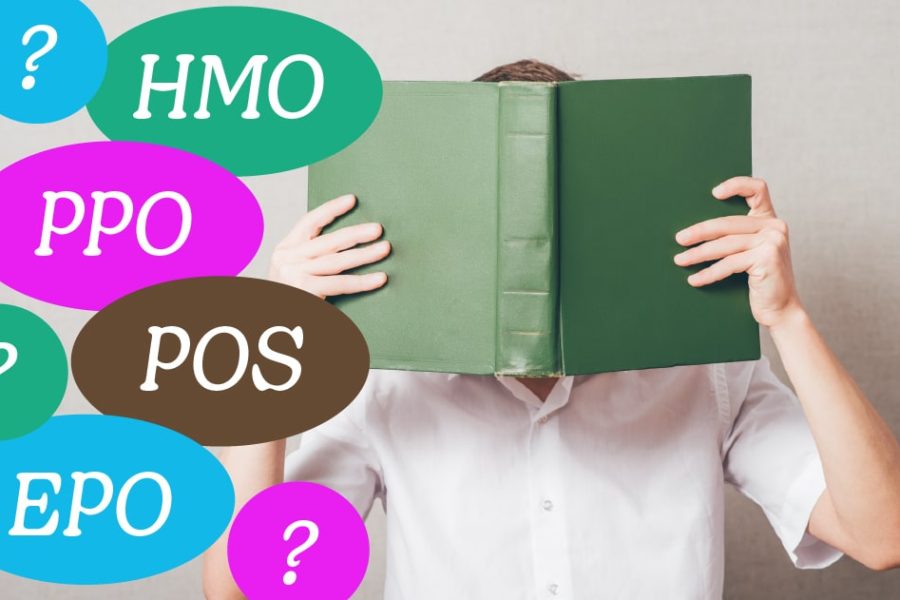 Person holding a green book in front of their face with colorful speech bubbles displaying health insurance acronyms: HMO, PPO, POS, EPO, reflecting confusion about health insurance terminology.