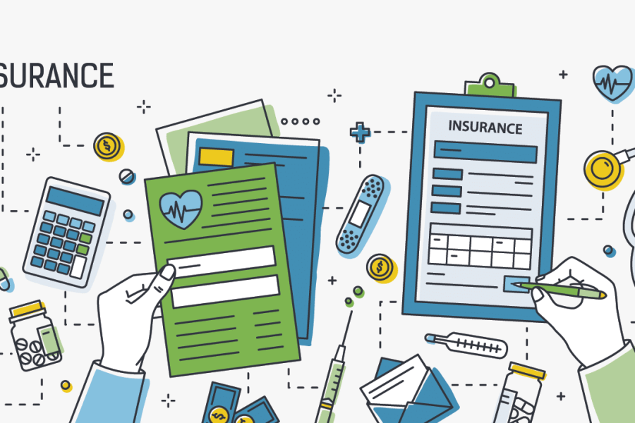 Illustration of health insurance documents, calculator, and medical items, emphasizing health coverage and insurance concepts.