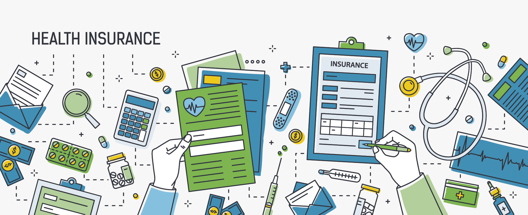 Hands holding health insurance forms surrounded by documents, a calculator, medical supplies, and a stethoscope, illustrating essential health insurance terminology.