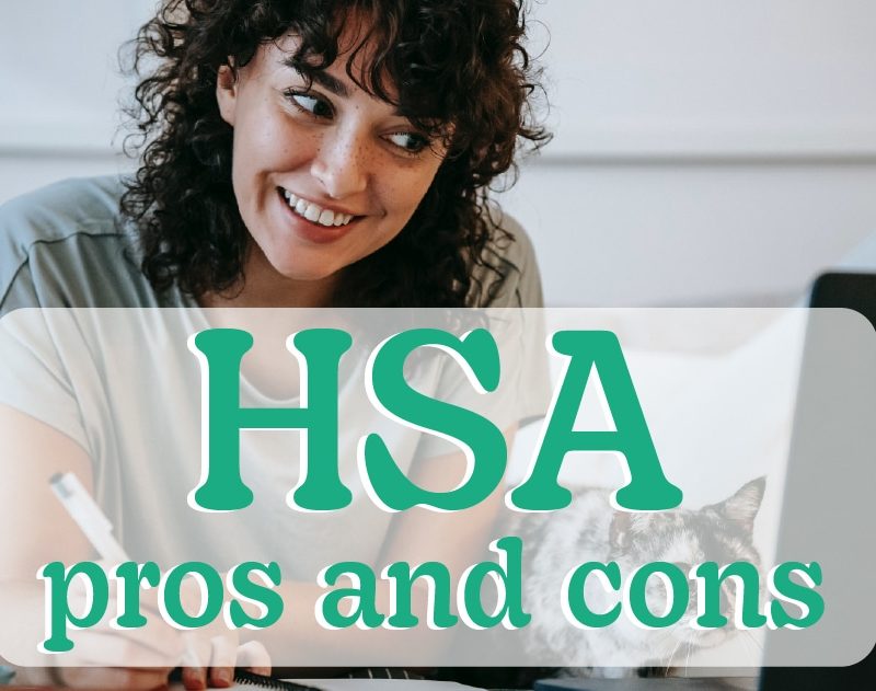 Woman smiling while writing, with text overlay "HSA pros and cons," emphasizing health savings accounts in the context of health insurance education.