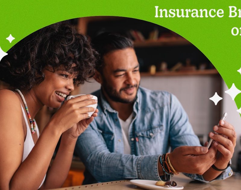 Couple discussing health insurance options while enjoying coffee, with a smartphone displaying information about brokers and DIY plans.