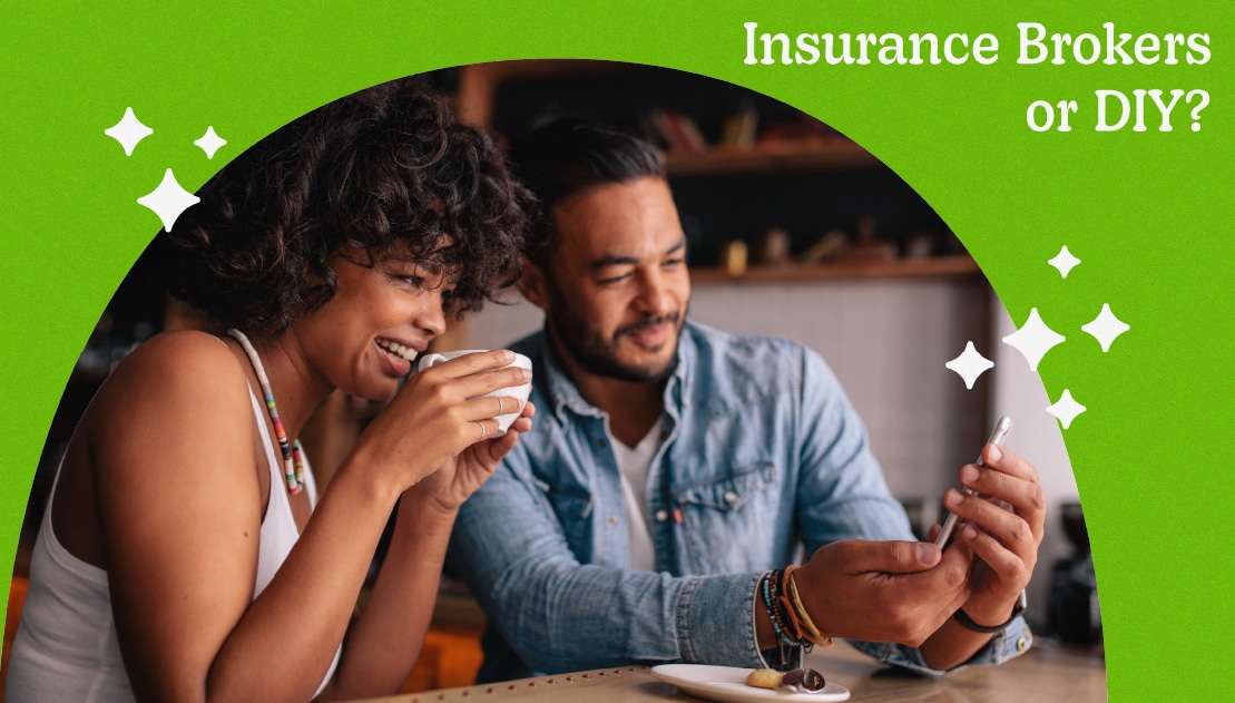 Couple discussing health insurance options while looking at a smartphone, with text overlay "Insurance Brokers or DIY?" on a vibrant green background.