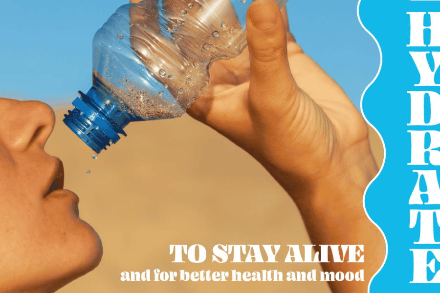 Person drinking water from a bottle, emphasizing hydration for health and wellness, with text highlighting the importance of staying hydrated.