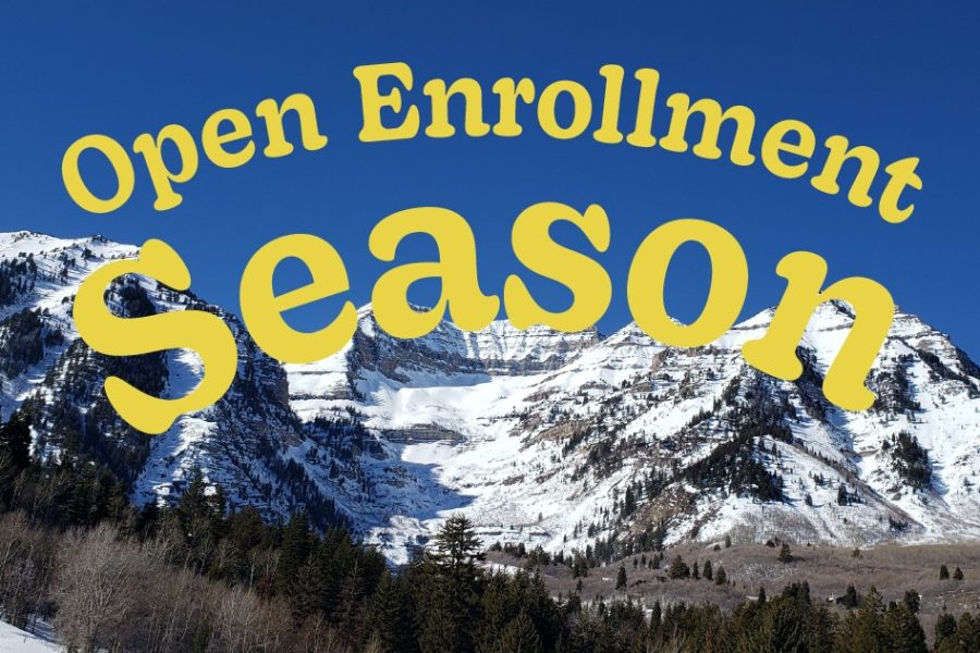 Open Enrollment Season text overlay on snowy mountain landscape, highlighting health insurance options in Utah.