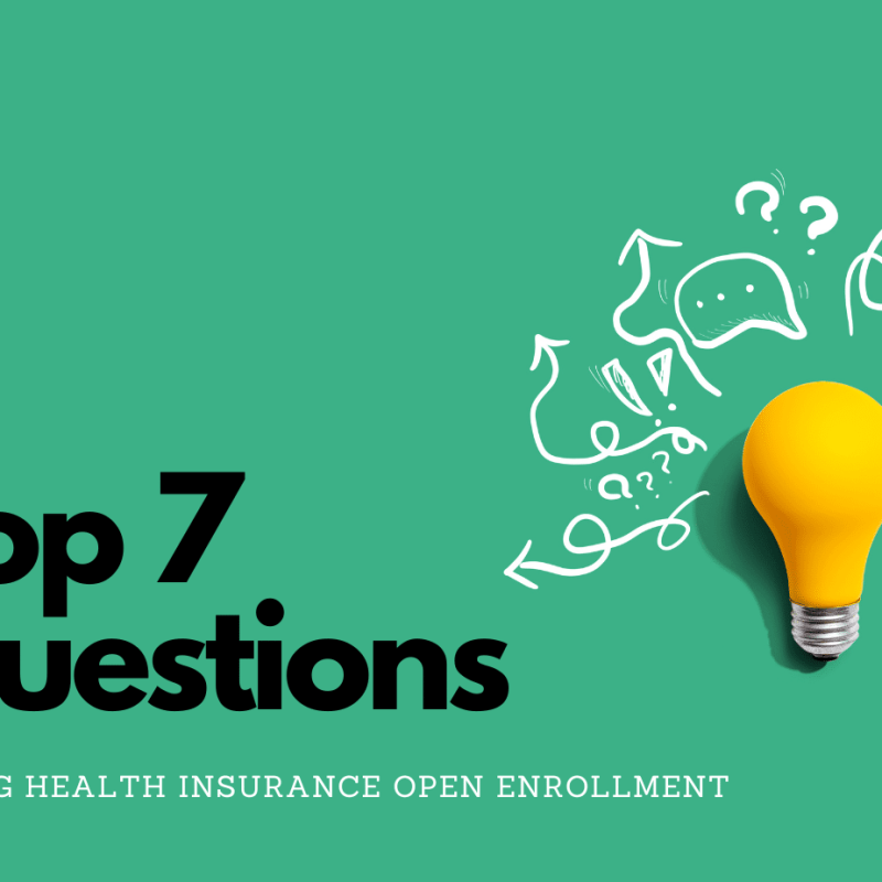 Top 7 questions about health insurance during open enrollment, featuring a light bulb graphic symbolizing ideas and inquiries.