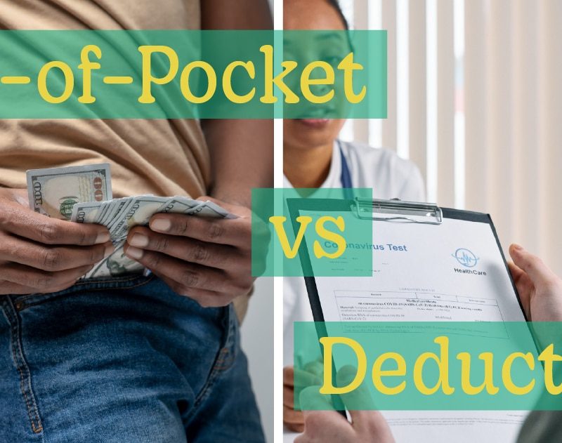Image comparing out-of-pocket expenses and deductibles in health insurance, featuring a person holding cash on one side and a healthcare professional presenting a clipboard with a test document on the other.