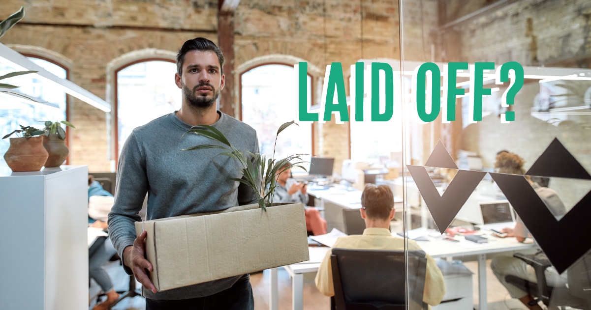 Man holding a box with a plant, looking concerned in an office setting, with the text "LAID OFF?" prominently displayed, relating to health insurance options after job loss.
