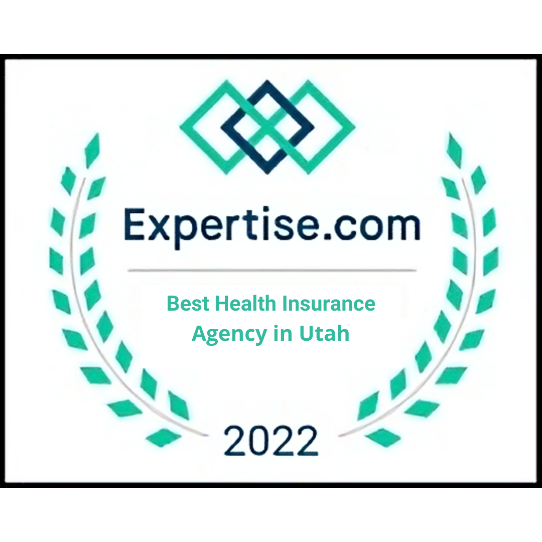 Expertise.com award badge for Best Health Insurance Agency in Utah, featuring laurel wreath and logo, indicating recognition for quality service in health insurance.