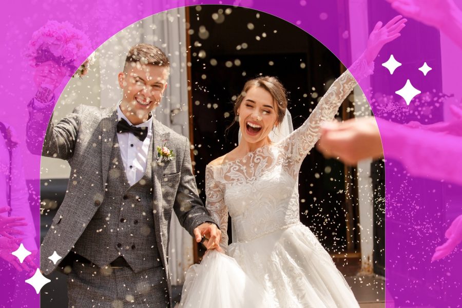 Couple celebrating their wedding, surrounded by confetti, representing marriage and health insurance benefits.