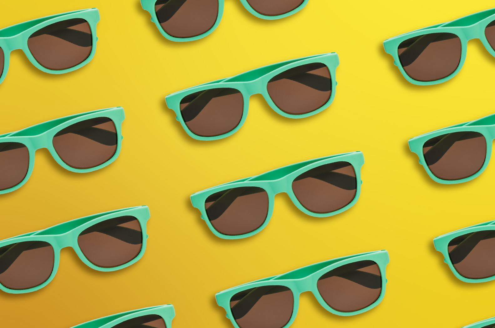 Pattern of teal sunglasses on a bright yellow background, emphasizing eye protection and UV defense, relevant to the importance of sunglasses in maintaining eye health.