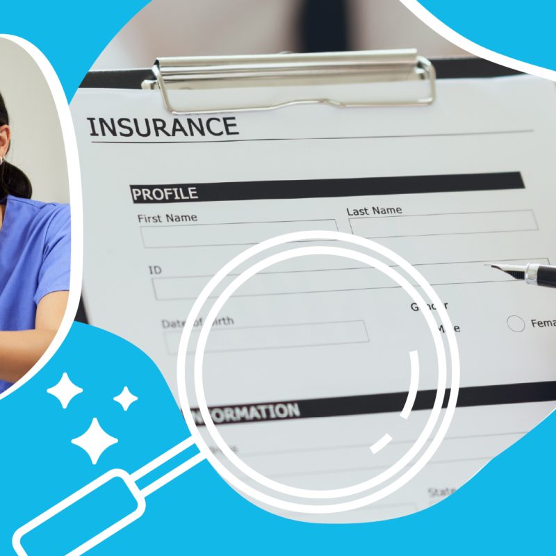 Insurance form with profile details, including fields for first name, last name, ID, date of birth, and gender, alongside a healthcare professional in scrubs.