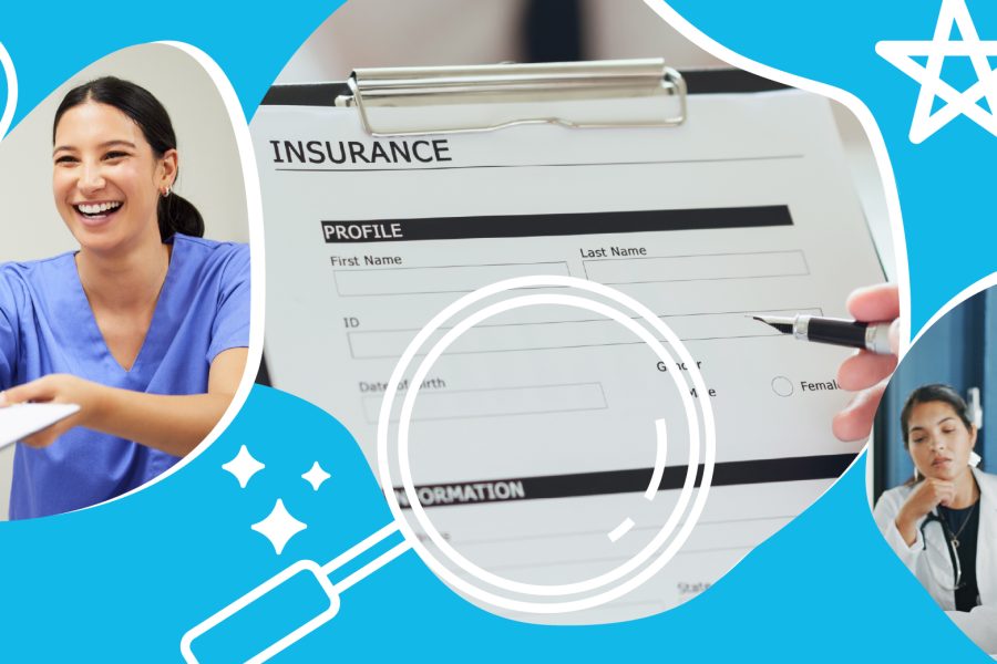 Healthcare professional smiling while handing over an insurance form, emphasizing health insurance management and patient interaction.
