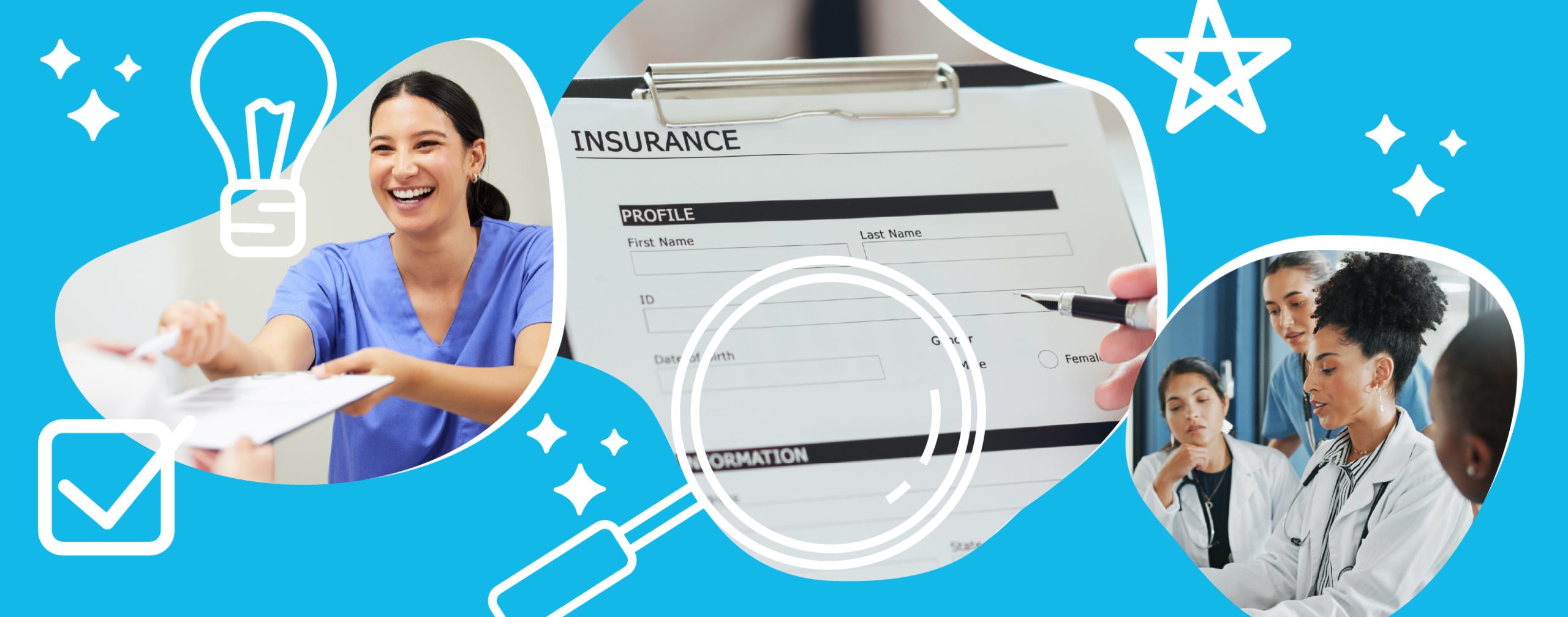 Smiling healthcare professional in scrubs handing over documents, insurance form with profile details visible, group of medical professionals discussing health insurance factors.