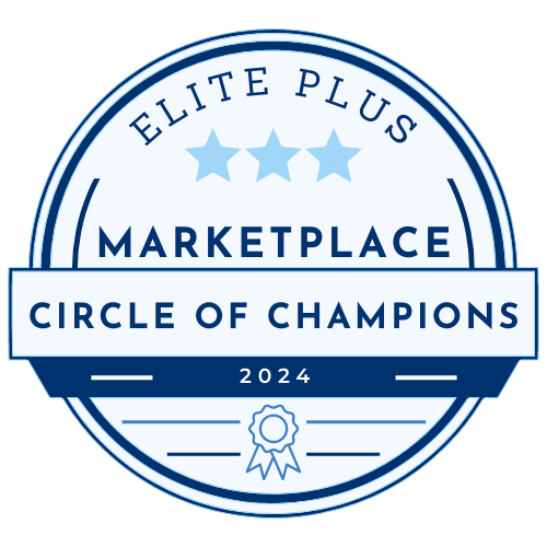 Elite Plus badge for the Marketplace Circle of Champions 2024, awarded to Optimized Health Plans for exceptional service in health insurance enrollment.
