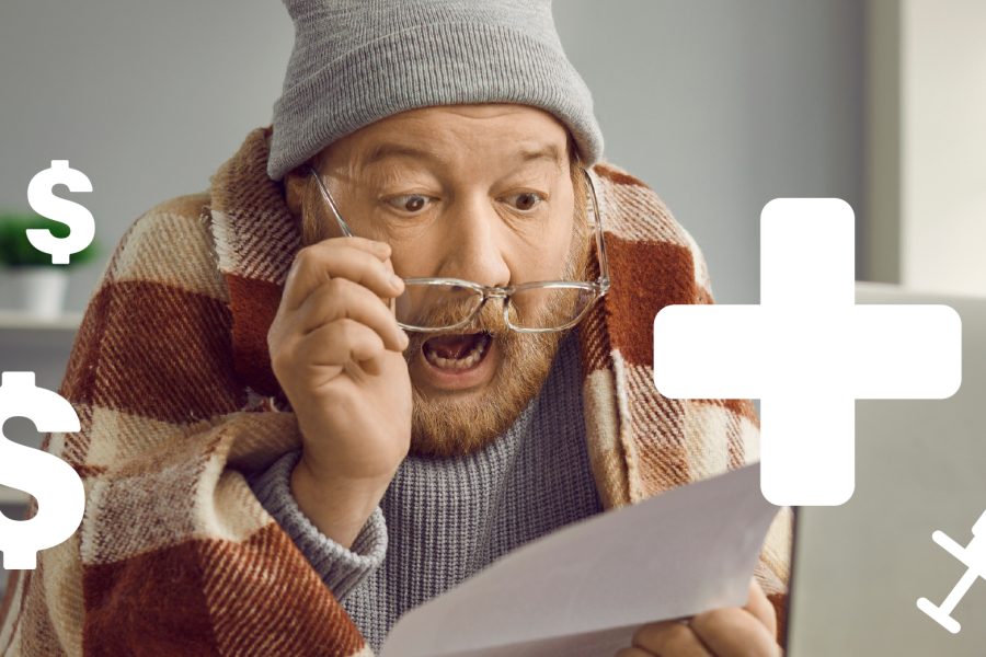 Man in a blanket looking shocked while reading a document, with dollar signs and a medical cross symbol, illustrating rising health insurance costs and the impact on individuals.