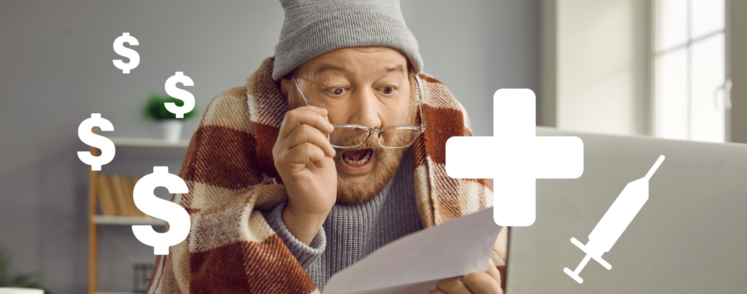Elderly man in a blanket looking shocked at a document, with dollar signs and a medical cross symbolizing rising health insurance costs and medical expenses.