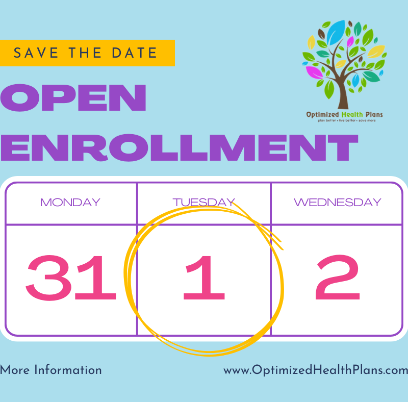 Save the date graphic for Open Enrollment featuring a calendar highlighting November 1, with the Optimized Health Plans logo.